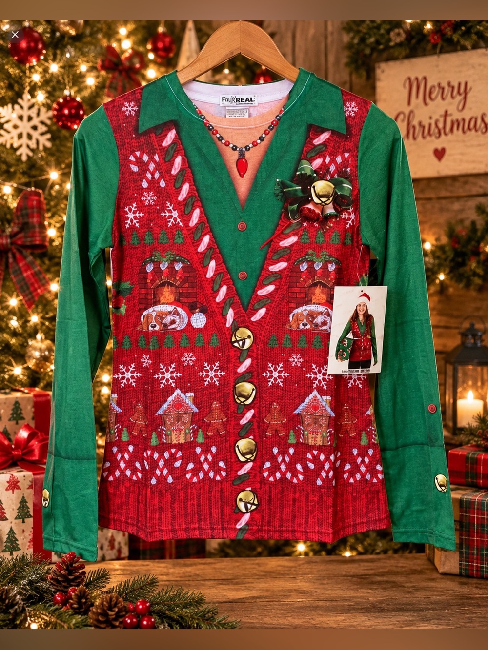 NWT Faux Real Ugly Christmas Sweater Shirt Top Women’s Small 3D Holiday Print